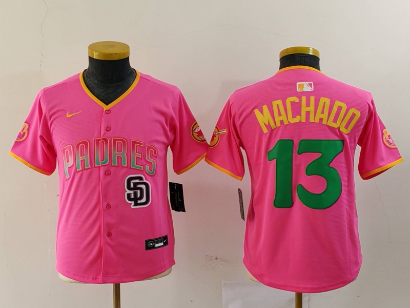 Youth San Diego Padres #3 Jackson Merrill Pink Stitched Baseball Jersey 4 Youth San Diego Padres #3 Jackson Merrill Pink Stitched Baseball Jersey 4