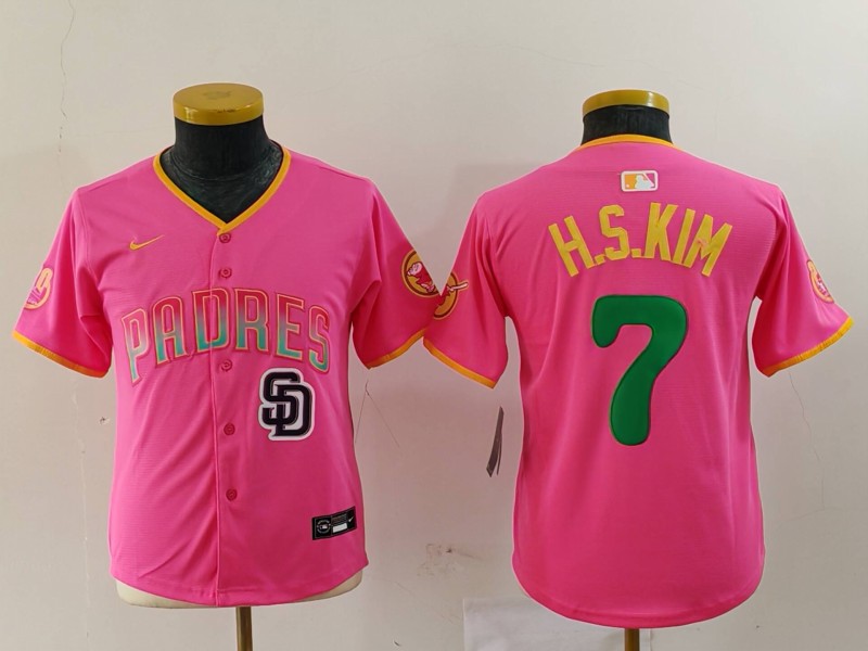Youth San Diego Padres #7 Ha-Seong Kim Pink Stitched Baseball Jersey 4 Youth San Diego Padres #7 Ha-Seong Kim Pink Stitched Baseball Jersey 4