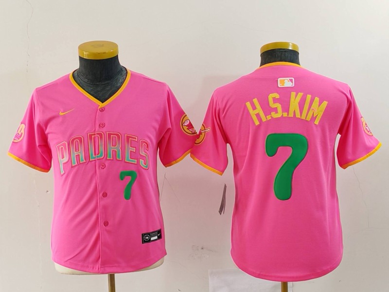 Youth San Diego Padres #7 Ha-Seong Kim Pink Stitched Baseball Jersey 3 Youth San Diego Padres #7 Ha-Seong Kim Pink Stitched Baseball Jersey 3