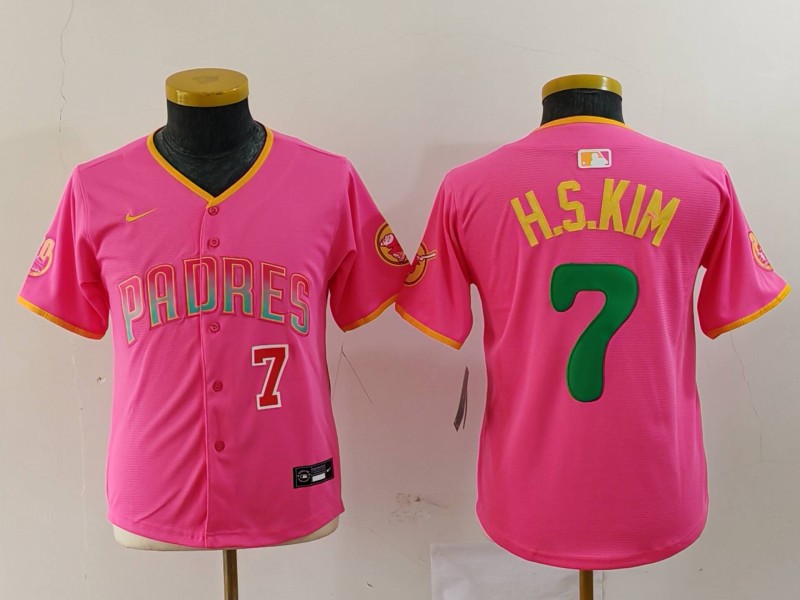 Youth San Diego Padres #7 Ha-Seong Kim Pink Stitched Baseball Jersey 2 Youth San Diego Padres #7 Ha-Seong Kim Pink Stitched Baseball Jersey 2
