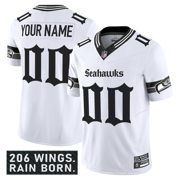 Men's Seattle Seahawks Active Player Custom White 2025 F.U.S.E. 'Gothic Rain City Shadows Edition' Vapor Limited Stitched Football Jersey Men's Seattle Seahawks Active Player Custom White 2025 F.U.S.E. 'Gothic Rain City Shadows Edition' Vapor Limited Stitched Football Jersey