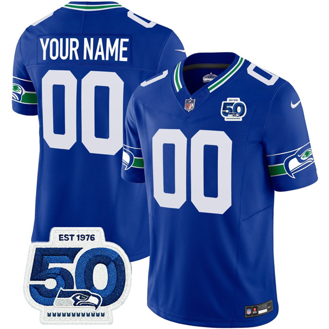 Men's Seattle Seahawks Active Player Custom Royal 2025 F.U.S.E 50th Anniversary Patch Throwback Vapor Limited Stitched Football Jersey Men's Seattle Seahawks Active Player Custom Royal 2025 F.U.S.E 50th Anniversary Patch Throwback Vapor Limited Stitched Football Jersey