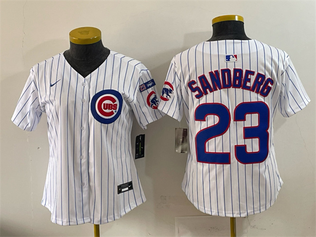 Women's Chicago Cubs #23 Ryne Sandberg White Pinstripe 'Ryne Sandberg Tribute' Vapor Limited V3 Stitched Baseball Jersey(Run Small) Women's Chicago Cubs #23 Ryne Sandberg White Pinstripe 'Ryne Sandberg Tribute' Vapor Limited V3 Stitched Baseball Jersey(Run Small)