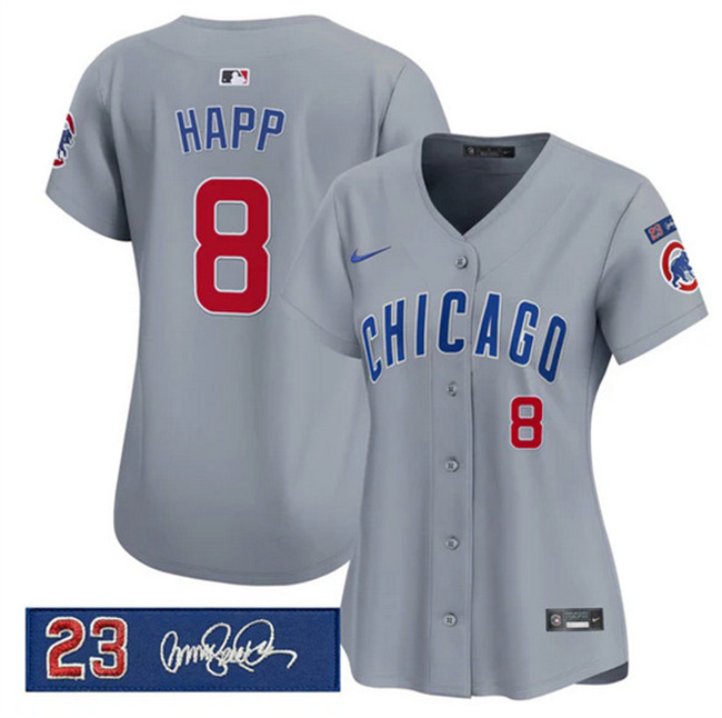 Women's Chicago Cubs #8 lan Happ Gray 'Ryne Sandberg Tribute' Vapor Limited V3 Stitched Baseball Jersey(Run Small) Women's Chicago Cubs #8 lan Happ Gray 'Ryne Sandberg Tribute' Vapor Limited V3 Stitched Baseball Jersey(Run Small)