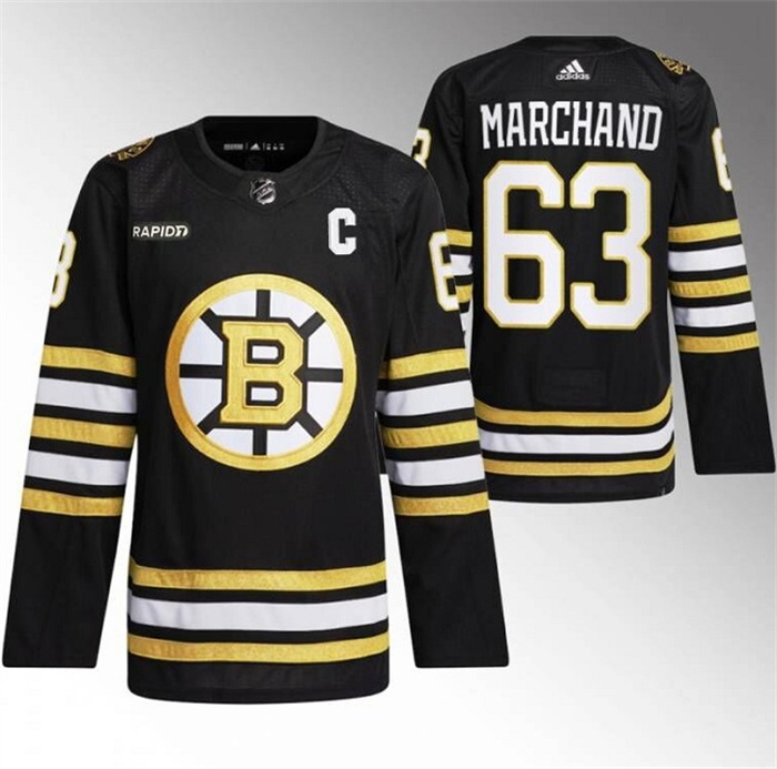 Men's Boston Bruins #63 Brad Marchand Black With Rapid7 Patch 100th Anniversary Stitched Jersey Men's Boston Bruins #63 Brad Marchand Black With Rapid7 Patch 100th Anniversary Stitched Jersey