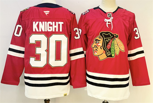 Men's Chicago Blackhawks #30 Spencer Knight Red 2025 Home 100th Anniversary Stitched Hockey Jersey Men's Chicago Blackhawks #30 Spencer Knight Red 2025 Home 100th Anniversary Stitched Hockey Jersey