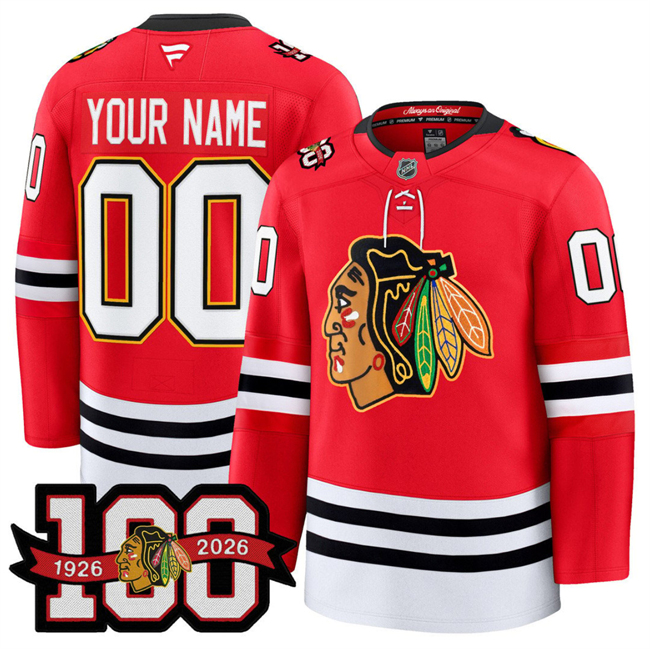 Men's Chicago Blackhawks Active Player Custom Red 2025 Home 100th Anniversary Stitched Hockey Jersey Men's Chicago Blackhawks Active Player Custom Red 2025 Home 100th Anniversary Stitched Hockey Jersey