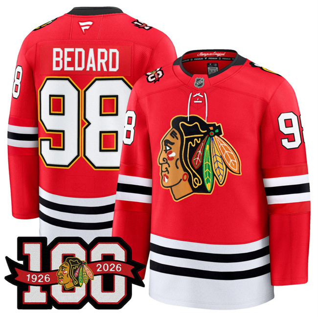 Men's Chicago Blackhawks #98 Connor Bedard Red 2025 Home 100th Anniversary Stitched Hockey Jersey Men's Chicago Blackhawks #98 Connor Bedard Red 2025 Home 100th Anniversary Stitched Hockey Jersey