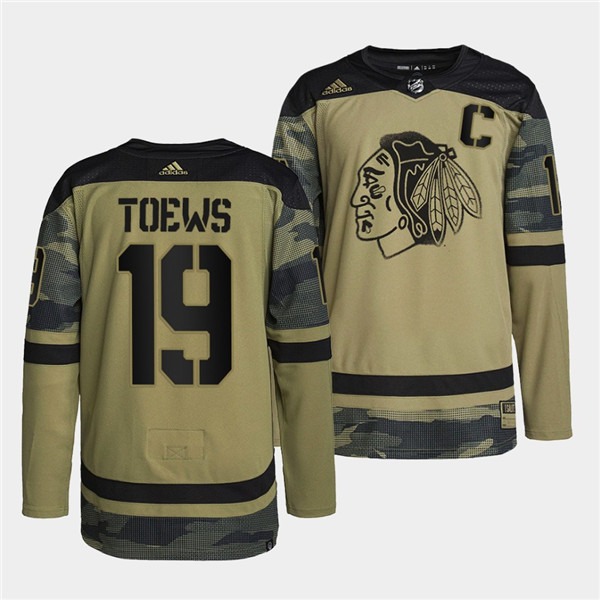 Men's Chicago Blackhawks #19 Jonathan Toews 2022 Camo Military Appreciation Night White Stitched Jersey Men's Chicago Blackhawks #19 Jonathan Toews 2022 Camo Military Appreciation Night White Stitched Jersey