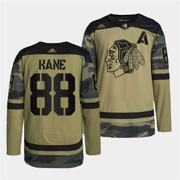 Men's Chicago Blackhawks #88 Patrick Kane 2022 Camo Military Appreciation Night White Stitched Jersey Men's Chicago Blackhawks #88 Patrick Kane 2022 Camo Military Appreciation Night White Stitched Jersey