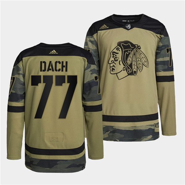 Men's Chicago Blackhawks #77 Kirby Dach 2022 Camo Military Appreciation Night White Stitched Jersey Men's Chicago Blackhawks #77 Kirby Dach 2022 Camo Military Appreciation Night White Stitched Jersey