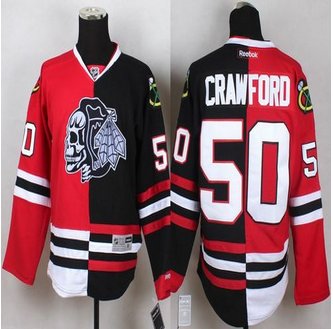 Chicago Blackhawks #50 Corey Crawford Red Black Split White Skull Stitched NHL jersey