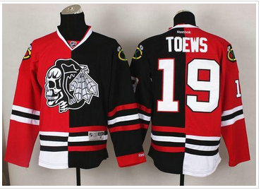 Chicago Blackhawks #19 Jonathan Toews Red-Black Split White Skull Stitched NHL Jersey