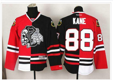 Chicago Blackhawks #88 Patrick Kane Red-Black Split White Skull Stitched NHL Jersey Chicago Blackhawks #88 Patrick Kane Red-Black Split White Skull Stitched NHL Jersey