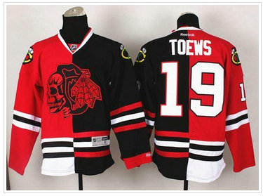 Chicago Blackhawks #19 Jonathan Toews Red-Black Split Red Skull Stitched NHL Jersey Chicago Blackhawks #19 Jonathan Toews Red-Black Split Red Skull Stitched NHL Jersey