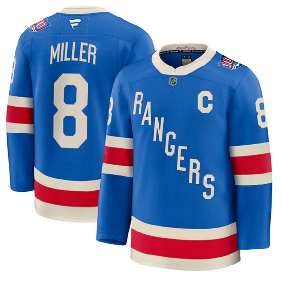 Men's New York Rangers #8 JT Miller Blue Centennial With C Patch Stitched Hockey Jersey Men's New York Rangers #8 JT Miller Blue Centennial With C Patch Stitched Hockey Jersey