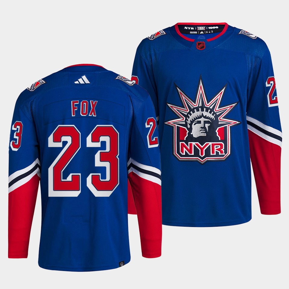 Men's New York Rangers #23 Adam Fox Blue 2022 Reverse Retro Stitched Jersey Men's New York Rangers #23 Adam Fox Blue 2022 Reverse Retro Stitched Jersey
