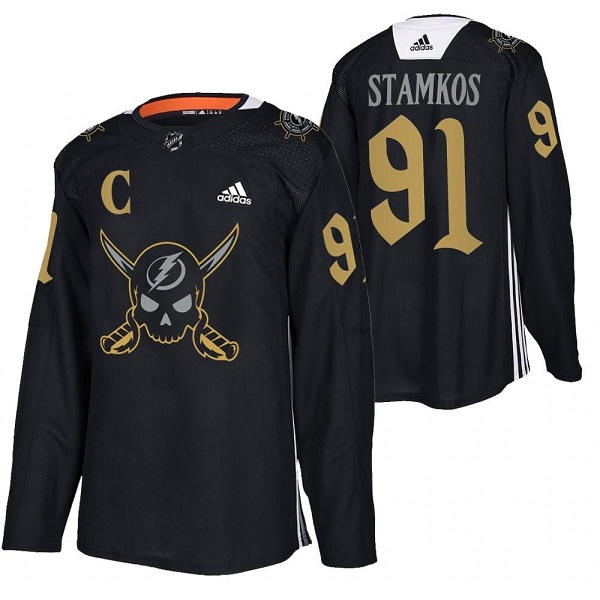 Men's Tampa Bay Lightning #91 Steven Stamkos Black Gasparilla Inspired Pirate-Themed Warmup Stitched Jersy Men's Tampa Bay Lightning #91 Steven Stamkos Black Gasparilla Inspired Pirate-Themed Warmup Stitched Jersy