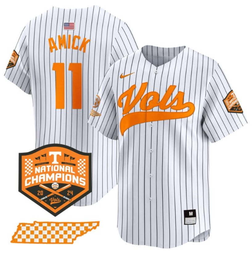 Men's Tennessee Volunteers #11 Billy Amick White Pinstripe 2024 Champions Vapor Limited Stitched Jersey Men's Tennessee Volunteers #11 Billy Amick White Pinstripe 2024 Champions Vapor Limited Stitched Jersey