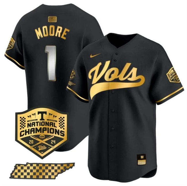 Men's Tennessee Volunteers #1 Christian Moore Black Gold 2024 Champions Vapor Limited Stitched Jersey Men's Tennessee Volunteers #1 Christian Moore Black Gold 2024 Champions Vapor Limited Stitched Jersey