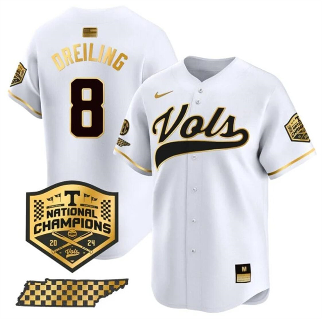 Men's Tennessee Volunteers #8 Dylan Dreiling White Gold 2024 Champions Vapor Limited Stitched Jersey Men's Tennessee Volunteers #8 Dylan Dreiling White Gold 2024 Champions Vapor Limited Stitched Jersey
