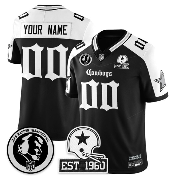 Men's Dallas Cowboys Active Player Custom Black White 2025 F.U.S.E. With John Madden Patch & Established In 1960 Patch Vapor Limited Stitched Football Jersey Men's Dallas Cowboys Active Player Custom Black White 2025 F.U.S.E. With John Madden Patch & Established In 1960 Patch Vapor Limited Stitched Football Jersey