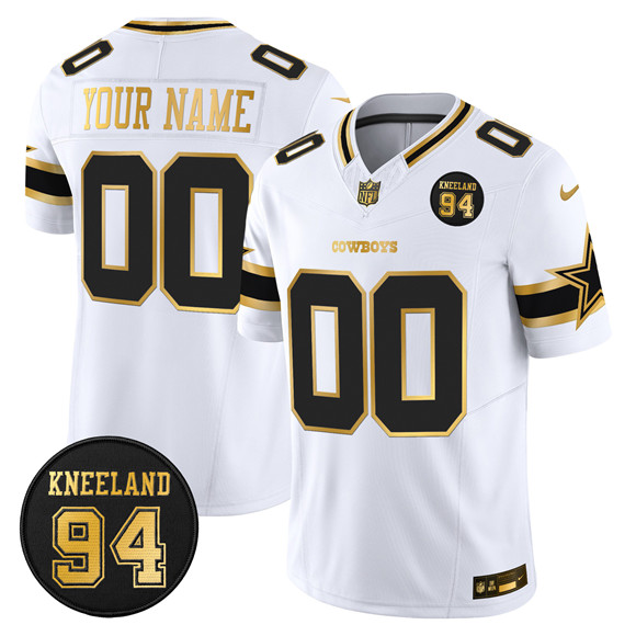 Men's Dallas Cowboys Active Player Custom White Gold 2025 F.U.S.E. 94 Marshawn Kneeland Memorial Patch Vapor Limited Stitched Football Jersey Men's Dallas Cowboys Active Player Custom White Gold 2025 F.U.S.E. 94 Marshawn Kneeland Memorial Patch Vapor Limited Stitched Football Jersey