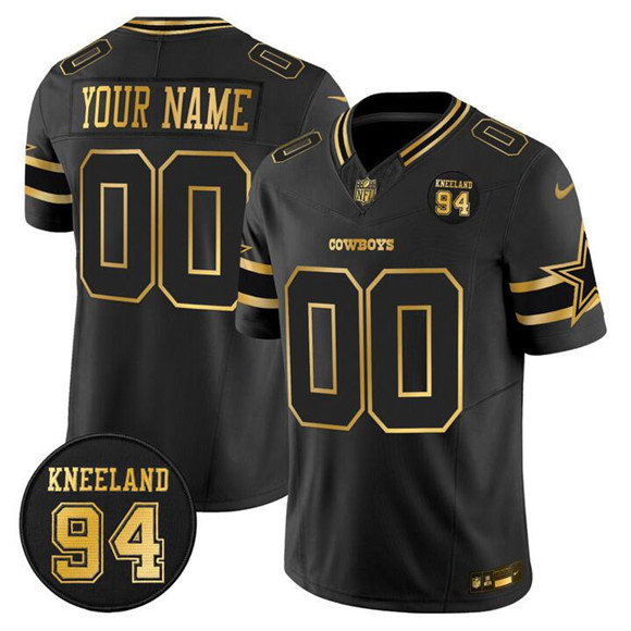 Men's Dallas Cowboys Active Player Custom Black Gold 2025 F.U.S.E. 94 Marshawn Kneeland Memorial Patch Vapor Limited Stitched Football Jersey Men's Dallas Cowboys Active Player Custom Black Gold 2025 F.U.S.E. 94 Marshawn Kneeland Memorial Patch Vapor Limited Stitched Football Jersey