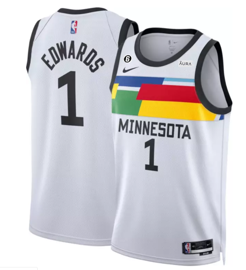 Men's Minnesota Timberwolves #1 Anthony Edwards White 2022 23 City Edition With NO.6 Patch Stitched Jersey Men's Minnesota Timberwolves #1 Anthony Edwards White 2022 23 City Edition With NO.6 Patch Stitched Jersey