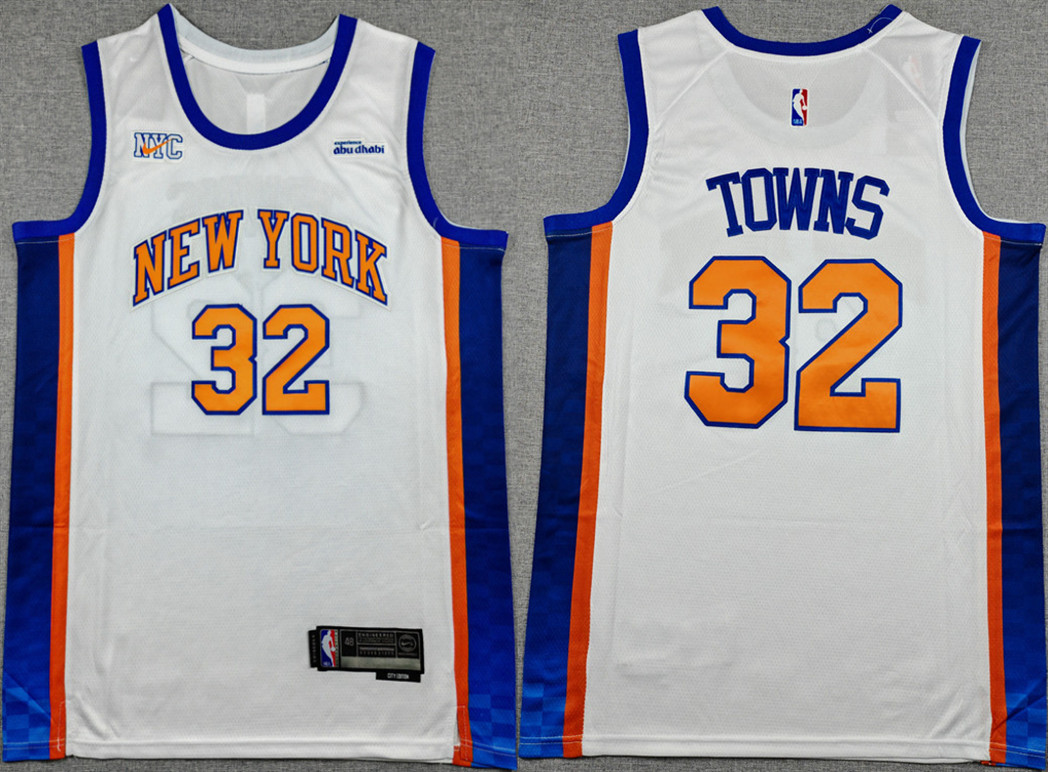 Men's New Yok Knicks #32 Karl-Anthony Towns White 2024-25 City Edition Stitched Basketball Jersey Men's New Yok Knicks #32 Karl-Anthony Towns White 2024-25 City Edition Stitched Basketball Jersey