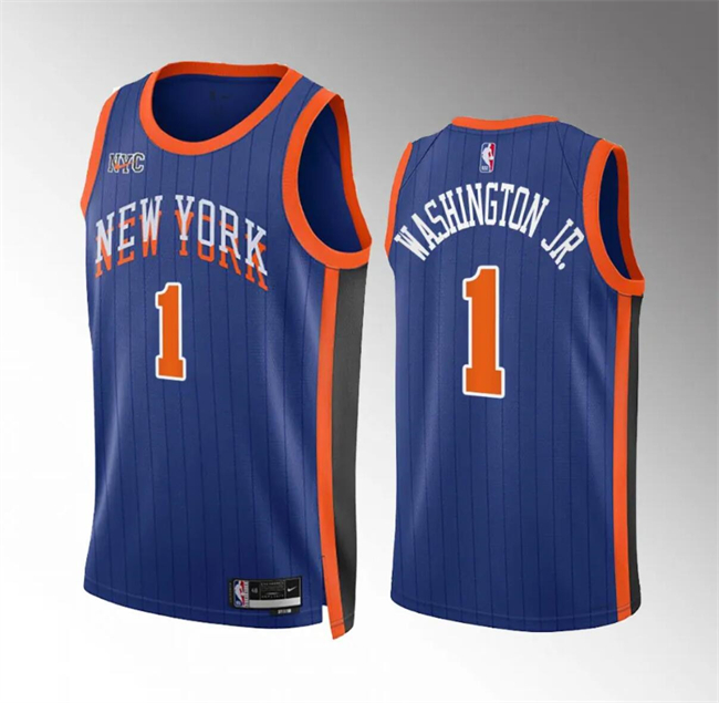 Men's New Yok Knicks #1 Duane Washington Jr Blue 2023 24 City Edition Stitched Basketball Jersey Men's New Yok Knicks #1 Duane Washington Jr Blue 2023 24 City Edition Stitched Basketball Jersey