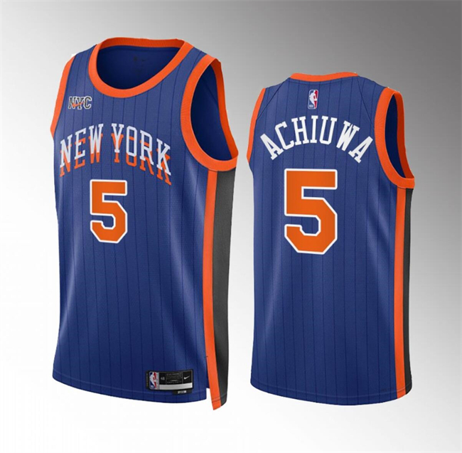 Men's New Yok Knicks #5 Precious Achiuwa Blue 2023 24 City Edition Stitched Basketball Jersey Men's New Yok Knicks #5 Precious Achiuwa Blue 2023 24 City Edition Stitched Basketball Jersey