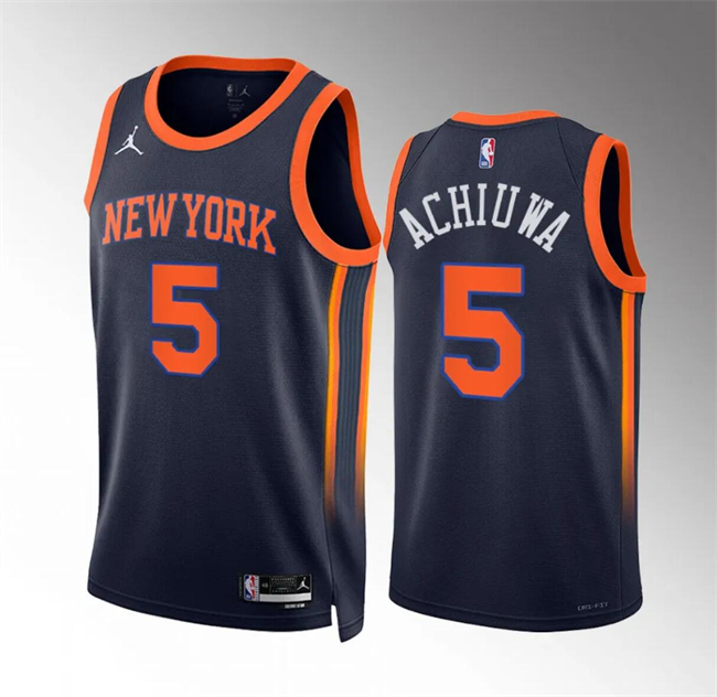Men's New Yok Knicks #5 Precious Achiuwa Navy Statement Edition Stitched Basketball Jersey Men's New Yok Knicks #5 Precious Achiuwa Navy Statement Edition Stitched Basketball Jersey