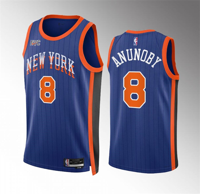 Men's New Yok Knicks #8 OG Anunoby Blue 2023 24 City Edition Stitched Basketball Jersey Men's New Yok Knicks #8 OG Anunoby Blue 2023 24 City Edition Stitched Basketball Jersey