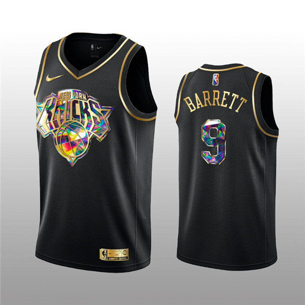 Men's New York Knicks #9 RJ Barrett 2021 22 Black Golden Edition 75th Anniversary Diamond Logo Stitched Basketball Jersey Men's New York Knicks #9 RJ Barrett 2021 22 Black Golden Edition 75th Anniversary Diamond Logo Stitched Basketball Jersey
