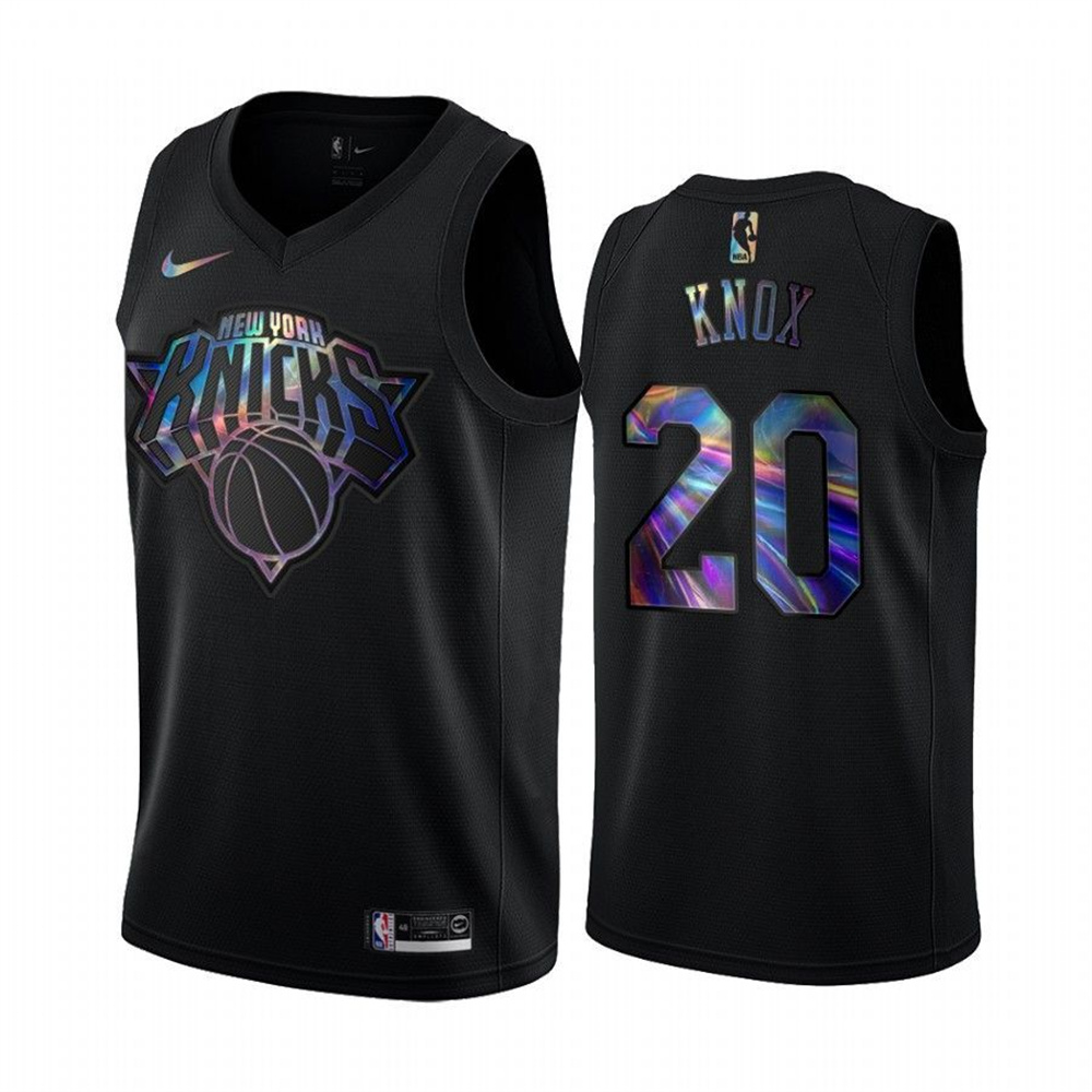 Nike Knicks #20 Kevin Knox Men's Iridescent Holographic Collection NBA Jersey - Black Nike Knicks #20 Kevin Knox Men's Iridescent Holographic Collection NBA Jersey - Black