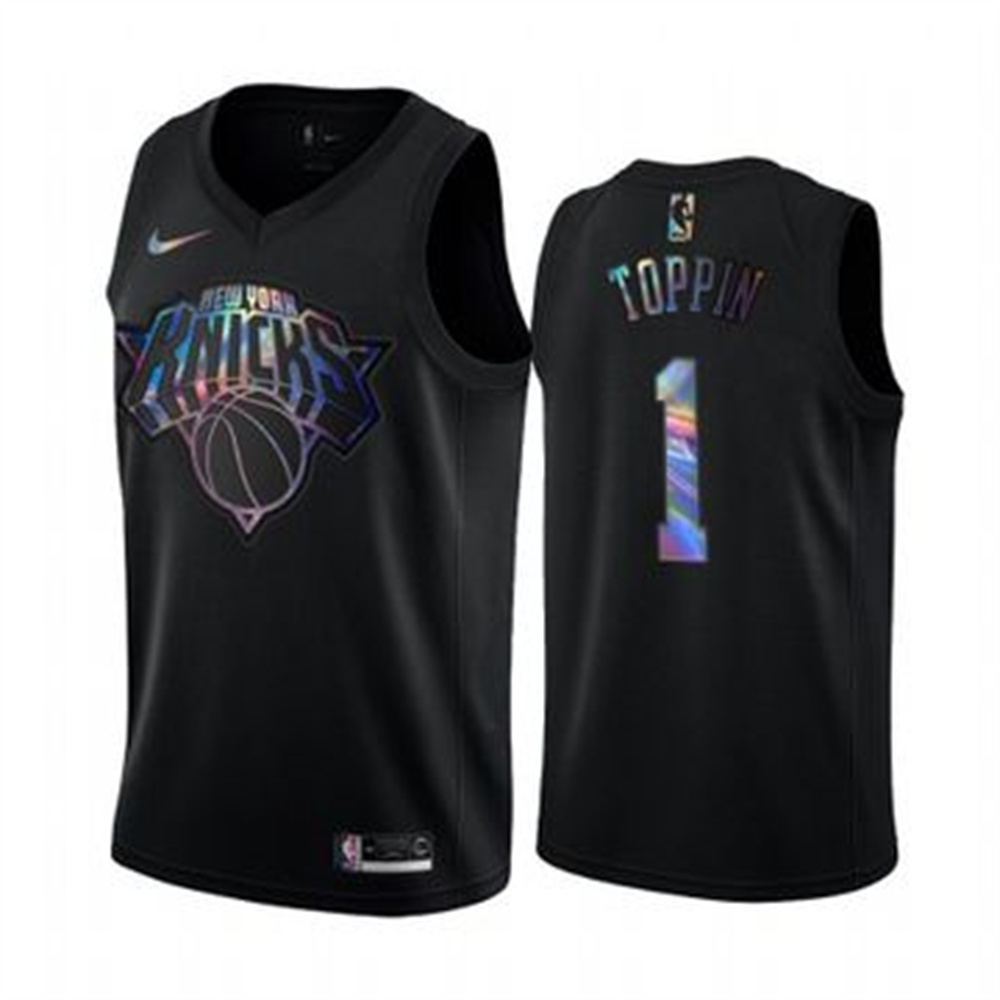 Nike Knicks #1 Obi Toppin Men's Iridescent Holographic Collection NBA Jersey - Black Nike Knicks #1 Obi Toppin Men's Iridescent Holographic Collection NBA Jersey - Black