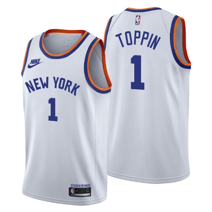 New York Knicks #1 Obi Toppin Men's Nike Releases Classic Edition NBA 75th Anniversary Jersey White New York Knicks #1 Obi Toppin Men's Nike Releases Classic Edition NBA 75th Anniversary Jersey White