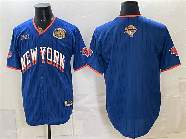 Men's New York Knicks Blank Royal 2026 Finals & Eastern Conference Champions Patch Stitched Baseball Jersey Men's New York Knicks Blank Royal 2026 Finals & Eastern Conference Champions Patch Stitched Baseball Jersey