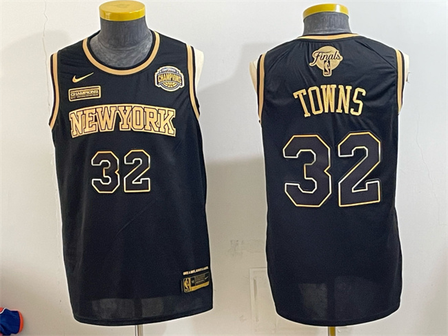 Men's New Yok Knicks #32 Karl-Anthony Towns Black Gold 2026 Finals & Eastern Conference Champions Patch Stitched Jerseys Men's New Yok Knicks #32 Karl-Anthony Towns Black Gold 2026 Finals & Eastern Conference Champions Patch Stitched Jerseys