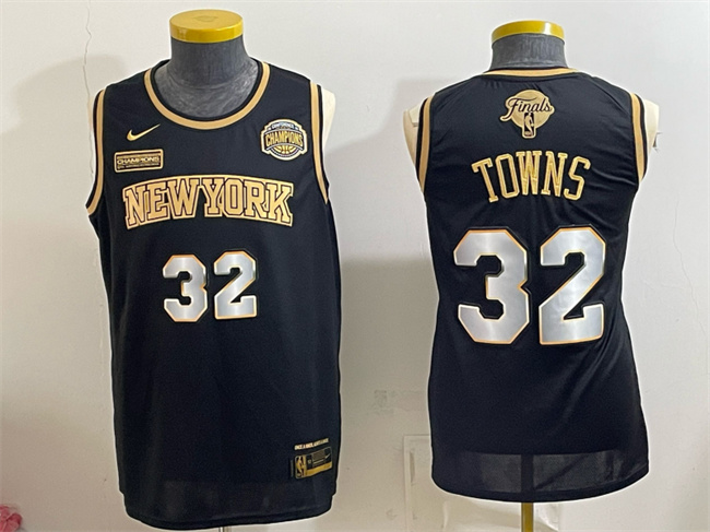 Men's New Yok Knicks #32 Karl-Anthony Towns Black Gold 2026 Finals & Eastern Conference Champions Patch Stitched Jersey Men's New Yok Knicks #32 Karl-Anthony Towns Black Gold 2026 Finals & Eastern Conference Champions Patch Stitched Jersey