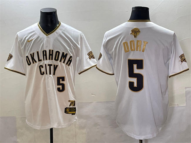 Men's Oklahoma City Thunder #5 Luguentz Dort White Gold 2025 Finals Vapor Stitched Baseball Jersey Men's Oklahoma City Thunder #5 Luguentz Dort White Gold 2025 Finals Vapor Stitched Baseball Jersey
