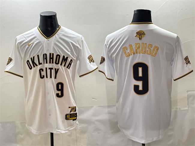 Men's Oklahoma City Thunder #9 Alex Caruso White Gold 2025 Finals Vapor Stitched Baseball Jersey Men's Oklahoma City Thunder #9 Alex Caruso White Gold 2025 Finals Vapor Stitched Baseball Jersey