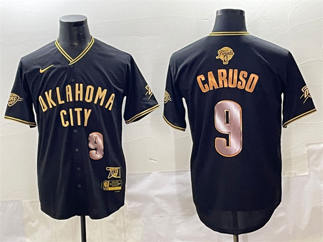 Men's Oklahoma City Thunder #9 Alex Caruso Black Gold 2025 Finals Vapor Stitched Baseball Jersey Men's Oklahoma City Thunder #9 Alex Caruso Black Gold 2025 Finals Vapor Stitched Baseball Jersey