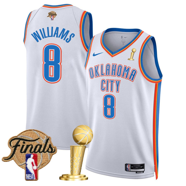 Men's Oklahoma City Thunder #8 Jalen Williams White 2025 Finals Patch And Finals Champions Patch Association Edition Stitched Basketball Jersey Men's Oklahoma City Thunder #8 Jalen Williams White 2025 Finals Patch And Finals Champions Patch Association Edition Stitched Basketball Jersey
