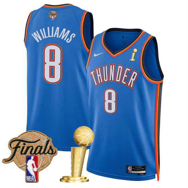 Men's Oklahoma City Thunder #8 Jalen Williams Blue 2025 Finals Patch And Finals Champions Patch Icon Edition Stitched Basketball Jersey Men's Oklahoma City Thunder #8 Jalen Williams Blue 2025 Finals Patch And Finals Champions Patch Icon Edition Stitched Basketball Jersey