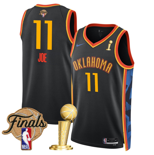 Men's Oklahoma City Thunder #11 Isaiah Joe Black 2025 Finals Patch And Finals Champions Patch City Edition Stitched Basketball Jersey Men's Oklahoma City Thunder #11 Isaiah Joe Black 2025 Finals Patch And Finals Champions Patch City Edition Stitched Basketball Jersey