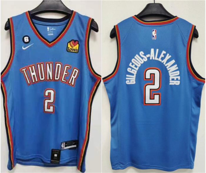 Men's Oklahoma City Thunder #2 Shai Gilgeous-Alexander Blue With NO.6 Patch Stitched Basketball Jersey Men's Oklahoma City Thunder #2 Shai Gilgeous-Alexander Blue With NO.6 Patch Stitched Basketball Jersey