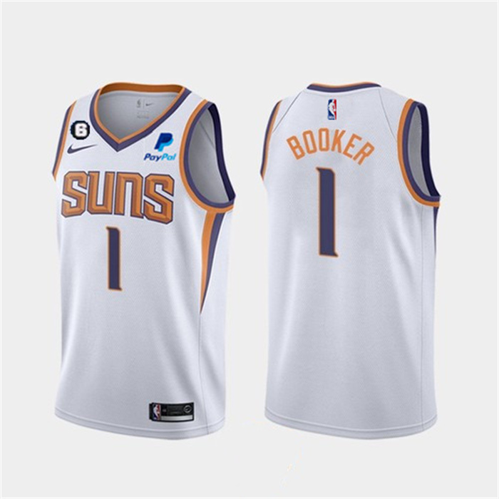 Men's Phoenix Suns #1 Devin Booker White Association Edition With NO.6 Patch Stitched Basketball Jersey Men's Phoenix Suns #1 Devin Booker White Association Edition With NO.6 Patch Stitched Basketball Jersey