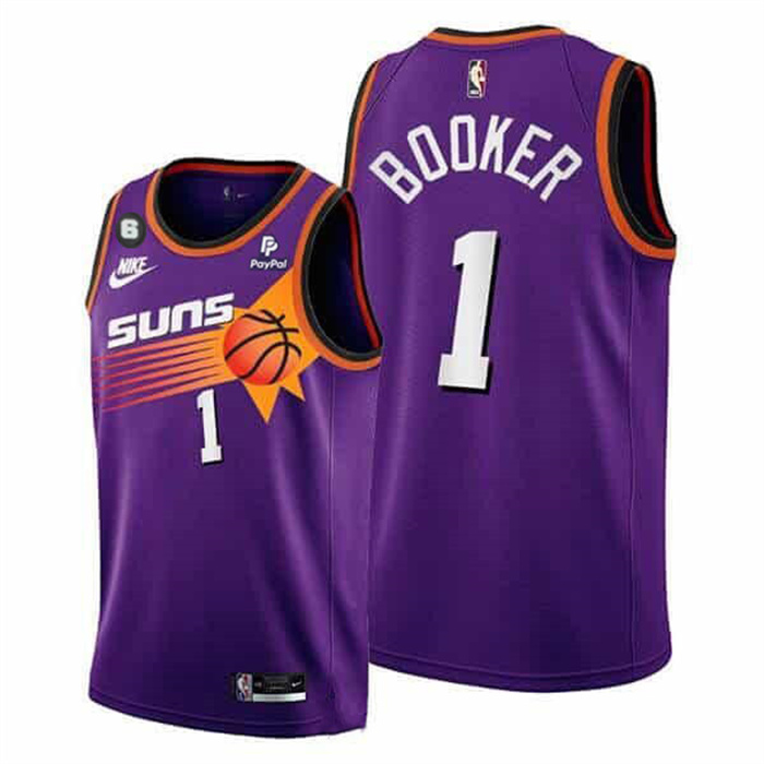 Men's Phoenix Suns #1 Devin Booker Purple With NO.6 Patch Stitched Basketball Jersey Men's Phoenix Suns #1 Devin Booker Purple With NO.6 Patch Stitched Basketball Jersey